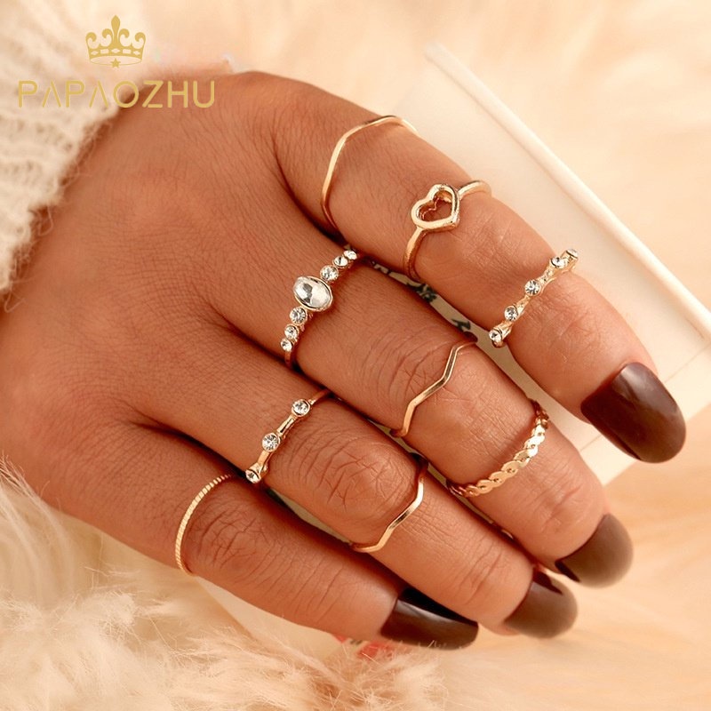 Papaozhu 9 Pcs Vintage Emas Zirkon Buku Jari Dapat Ditumpuk Cincin Set Untuk Wanita Gadis Chic Gelombang Geometris Berongga Jantung Rings Fashion Jari Perhiasan