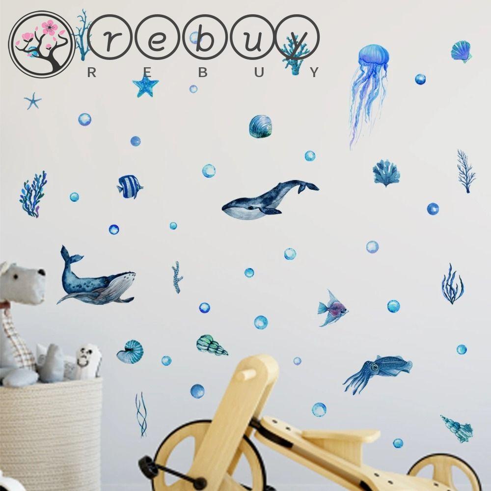 REBUY Luminous Stiker Self-adhesive Removable Ramah Lingkungan Seni Mural Glow-in-the-dark Dekorasi Stiker Dunia Laut Pemandangan Bawah Laut Latar Belakang Dinding Lampu Malam Decal