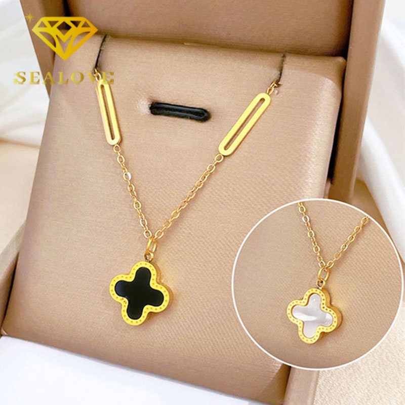 Kalung Titanium Wanita Anti Karat Bunga Clover Hitam Cantik Korea Emas 18K Aksesoris Perhiasan Necklace