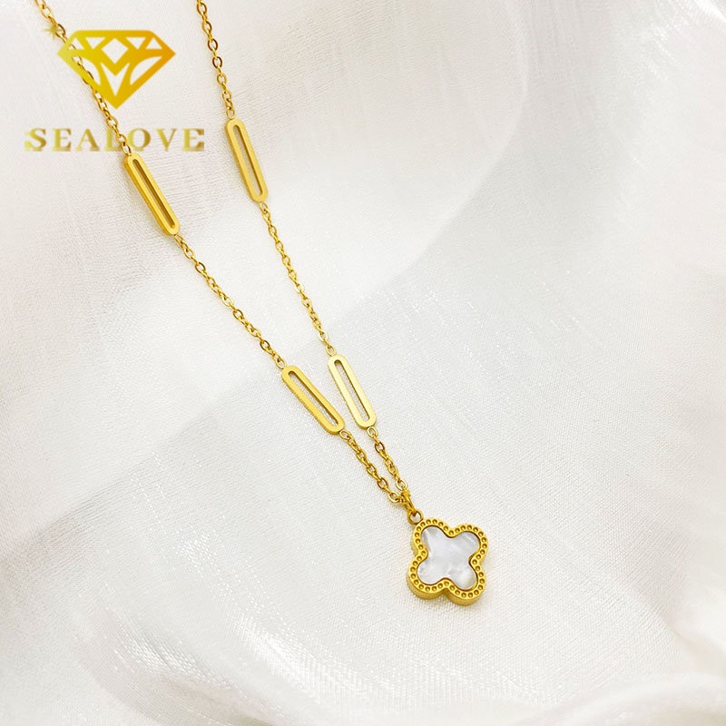 Kalung Titanium Wanita Anti Karat Bunga Clover Hitam Cantik Korea Emas 18K Aksesoris Perhiasan Necklace