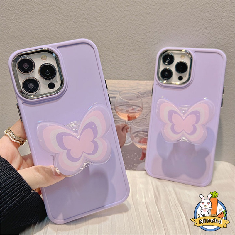 IPHONE Bingkai Plating Canggih Warna Solid Phone Case Purple Butterfly Phone Holder Kompatibel Untuk Iphone14 13 12 11 Pro Max X Xr Xs Max8 7 6 6s Plus SE Tahan Jatuh Cover Pelindung