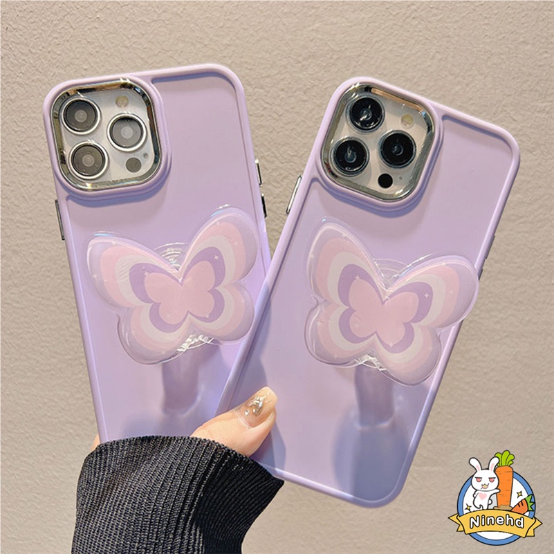 IPHONE Bingkai Plating Canggih Warna Solid Phone Case Purple Butterfly Phone Holder Kompatibel Untuk Iphone14 13 12 11 Pro Max X Xr Xs Max8 7 6 6s Plus SE Tahan Jatuh Cover Pelindung