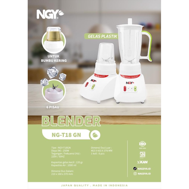 NAGOYA Blender National Plastik 2 In 1 NGY-T18GN 1 Liter - 6 Mata Pisau Stainless