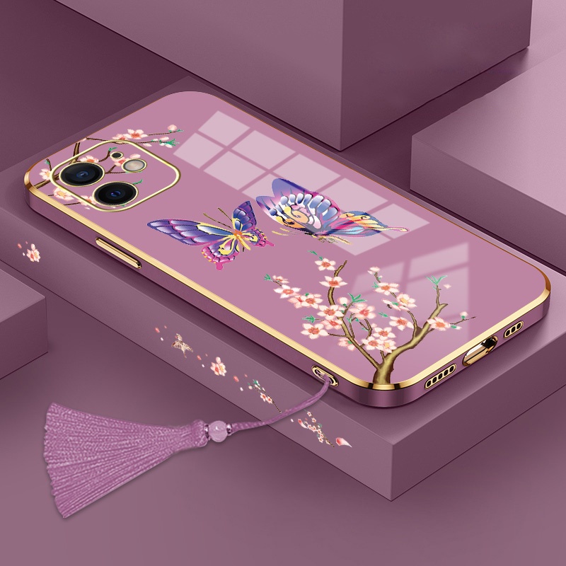 [Free Lanyard] Softcase Silikon Case hp Infinix Hot 12i 20i 12 20 Play Note 11 NFC 12 Smart 6 Plus 7 Zero 5G Tecno Spark 4 Go 2023  Fashion Classic Style Plating Casing Square Gold Straight Edge Soft Shell Pattern Butterfly Lens All Inclusive Skin Feel