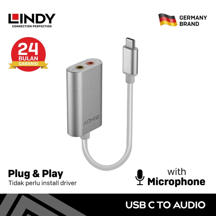 LINDY USB Type C to Audio & Mic 3.5mm DAC Active Converter for Tablet