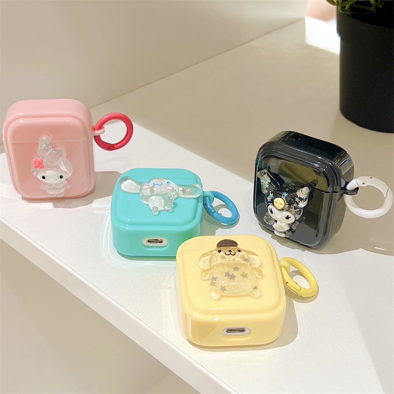 3d Akrilik Glitter Teman Hewan Kecil Nirkabel Bluetooth Earphone Macaron Warna Solid TPU Case Cover Untuk Airpods 1 2 3 PRO PRO2 Pelindung Glossy Dengan Cincin Jari