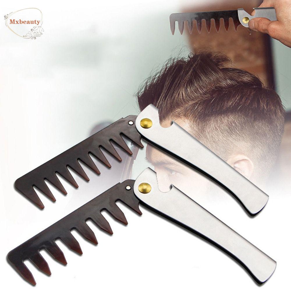 MXBEAUTY Sisir Pria Gigi Lebar, Sisir Kepala Minyak Profesional, Alat Styling Rambut Lipat Gagang Stainless Steel Sisir Rambut Penata Rambut Portabel Untuk Barber