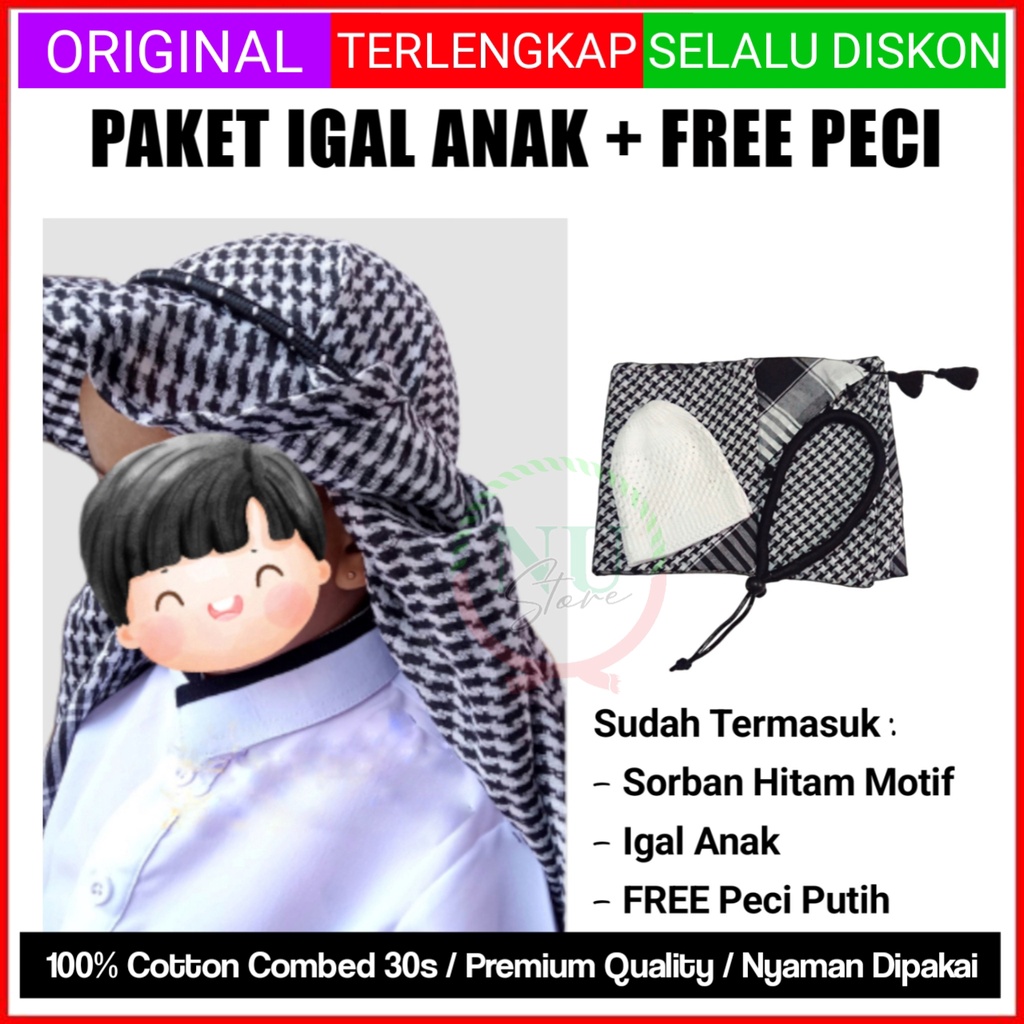 Sorban Kelapa Putih / Sorban Kepala Arab / Sorban Arafat Anak Plus Igal Pengikat Sorban / Sorban Ika