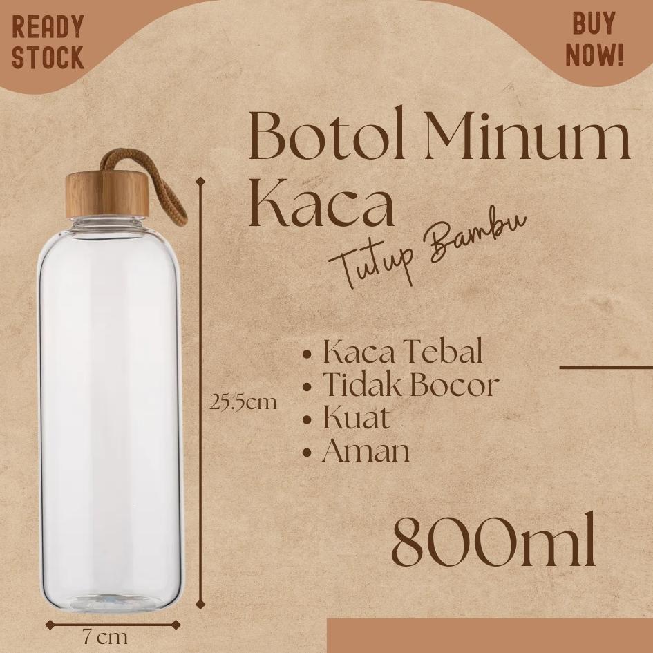 botol minum kaca beling 800ml tutup bambu my bottle infuse water