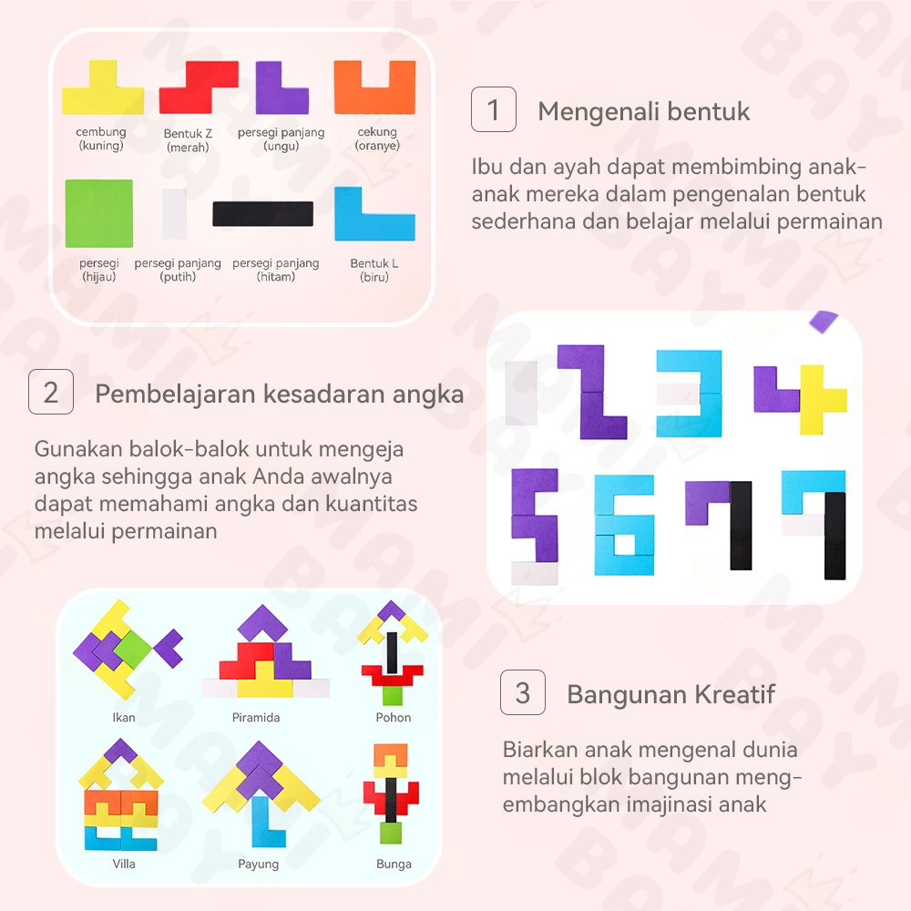 Mamibayi Puzzle Bentuk Geometri Tetris/Mainan Kayu Edukasi Anak