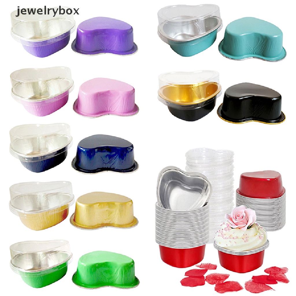 [jewelrybox] 10set 100ml Loyang Kue Aluminium Foil Bentuk Hati Cupcake Cup Dengan Tutup Butik