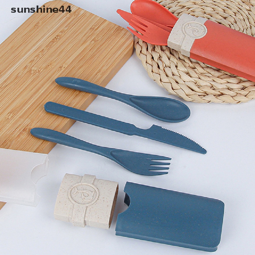 Sunshine Portable Reusable Spoon Fork Travel Piknik Wheat Straw Set Peralatan Makan Dengan Kotak ID