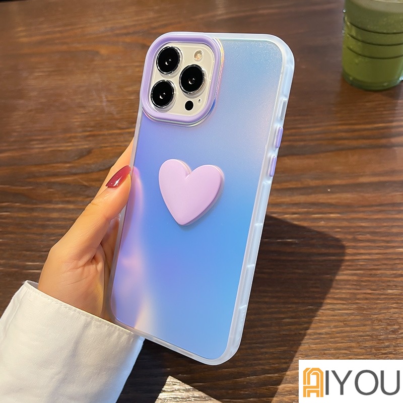 Lucu 3D Gradiasi Cinta Hati Ponsel Case Untuk iPhone 14 Pro Max13 11 XS Max XR 12 Lembut Shockproof Cover Kembali Tritone Kasus Shell