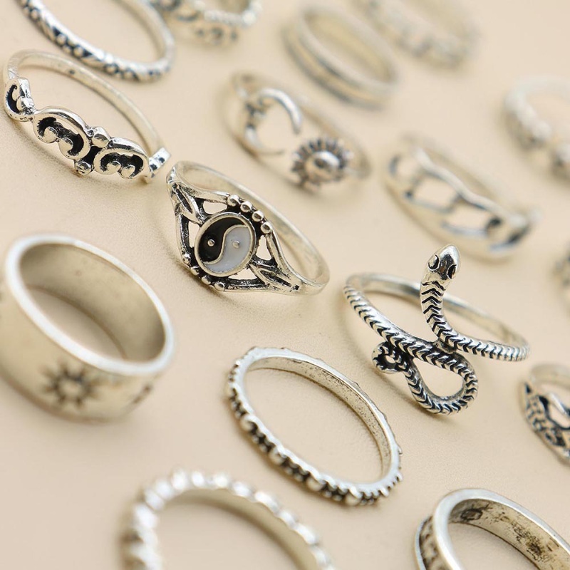 [Unggulan] Geometris Berlubang-out Wanita Set circlet Retro 16-piece ring Set Jari Cincin Kepribadian Retro Trend Hoop Set Knuckle Stacking Rings Untuk Wanita