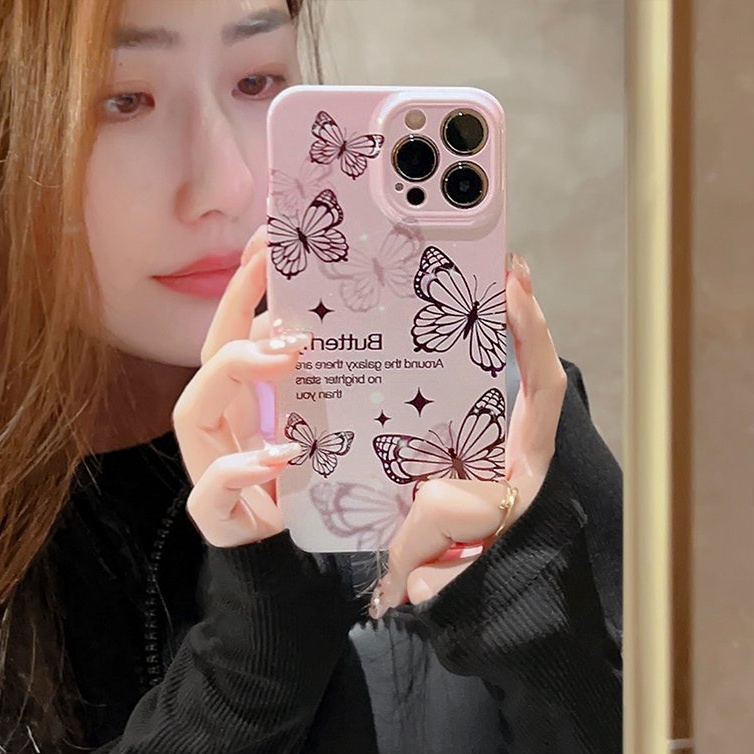 Ultrathin PC Hard Full Protective Case IPhone 7 8 Plus 7+ 8+ XR XS Max 11 12 13 14 Pro Max 14Plus SE 2020 Women's Gift Pink Gradient Butterfly Nonskid