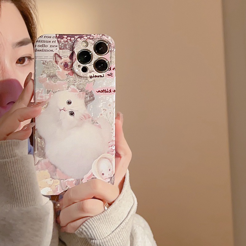 Ultrathin PC Hard Full Protective Case IPhone 7 8 Plus 7+ 8+ XR XS Max 11 12 13 14 Pro Max 14Plus SE 2020 Women's Gift Cute Pink Flower Cat Nonskid