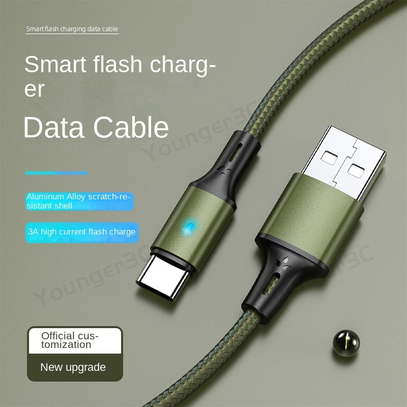 Lampu Pernafasan Warna-Warni Kabel Pengisian Cepat Anyaman Nilon 3A Flash Charging Kabel Data alloy Usb Ke Tipe-c Android ios Data Line