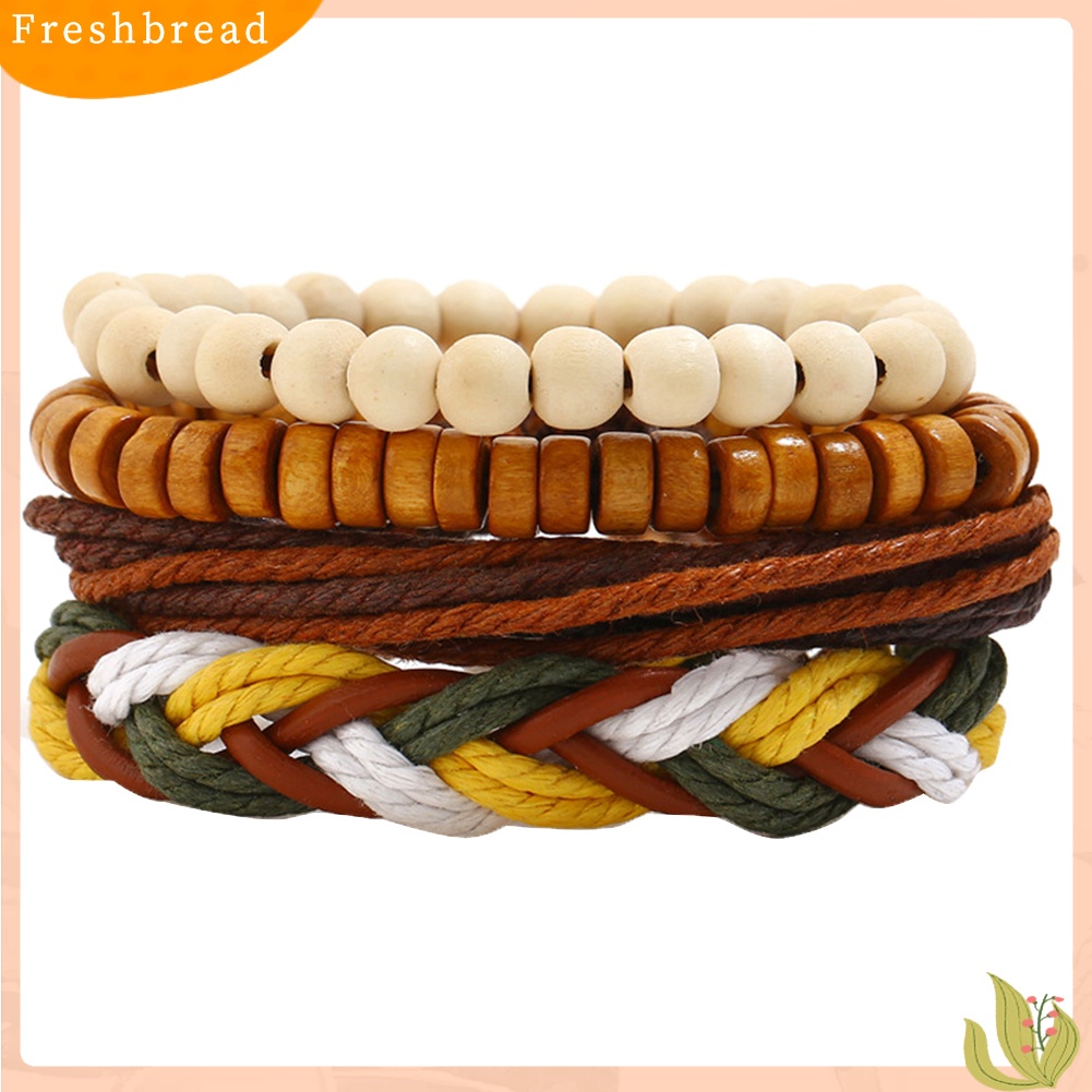 &lt; Freshbread &gt; 4Pcs/Set Vintage Wanita Manik-Manik Kayu Kulit Imitasi Menenun Gelang Bangle Hadiah