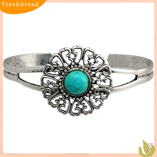 &lt; Freshbread &gt; Perhiasan Wanita Gaya Retro Geometris Turquoise Pembukaan Manset Bangle Gelang