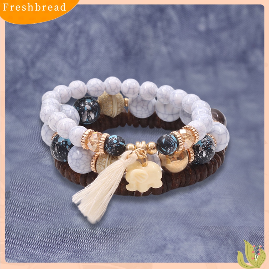 &lt; Freshbread &gt; 3Pcs Manik-Manik Kayu Rumbai Kombinasi Resin Gelang Hadiah Perhiasan Aksesoris