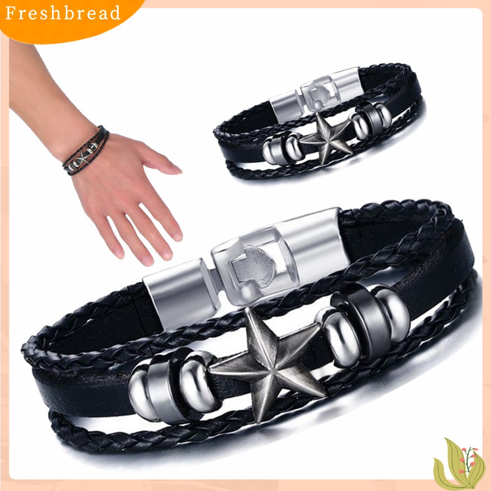 &lt; Freshbread &gt; Pria Punk Bintang Paduan Pesona Multilayer Dikepang Perhiasan Gelang Kulit Imitasi