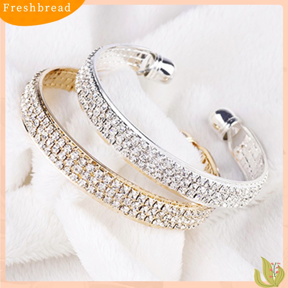 &lt; Freshbread &gt; 3baris Berlian Imitasi Mengkilap Pernikahan Pengantin Gelang Ujung Terbuka Bangle Lady Jewelry