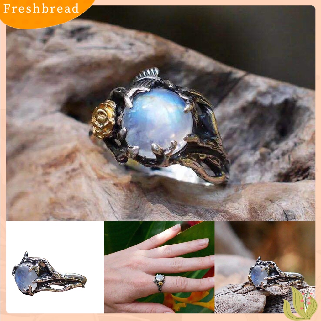 &lt; Freshbread &gt; Berongga Pernyataan Sederhana Vintage Cincin Daun Bunga Moonstone Lady Ring Perhiasan Alat Ekstra