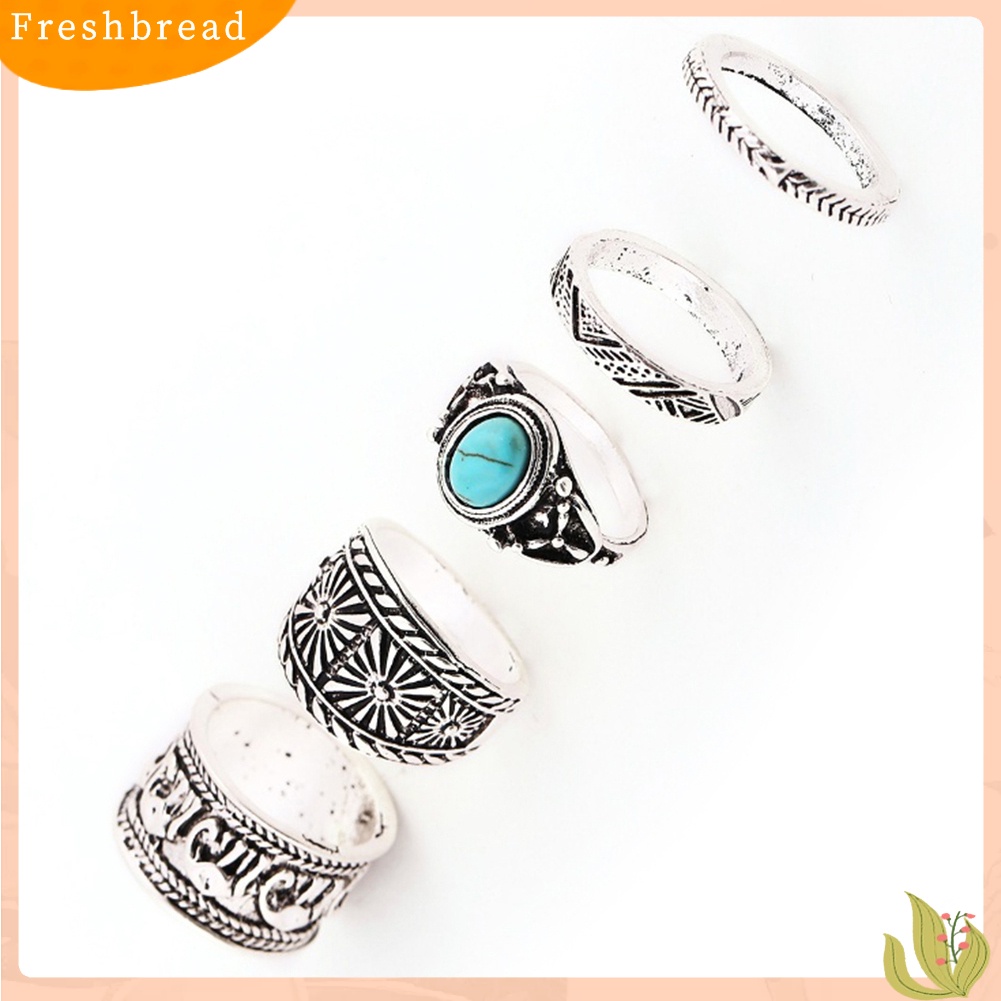 &lt; Freshbread &gt; 5Pcs/Set Wanita Gajah Turquoise Knuckle Ring Ukir Vintage Stacking Rings