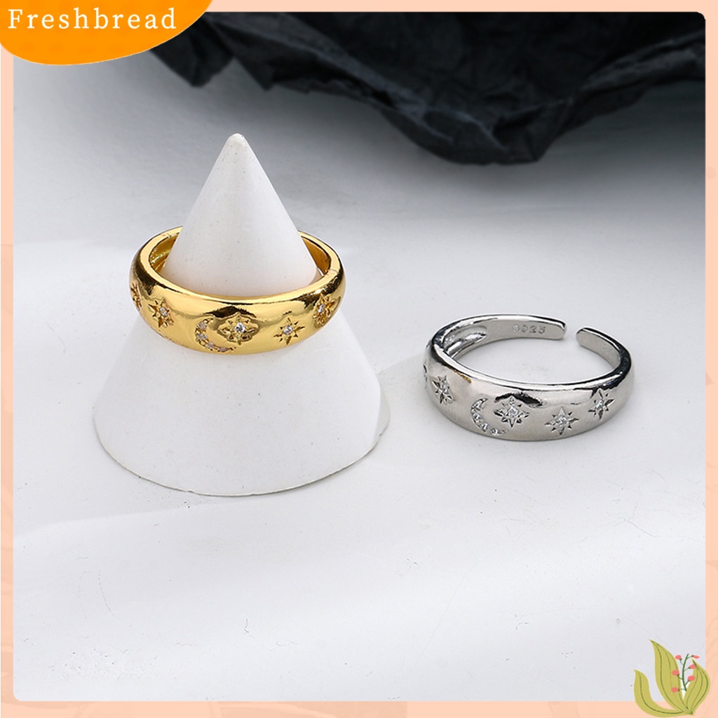 &lt; Freshbread &gt; Cincin Janji Ukiran Halus Zirkon Imitasi Bertatahkan Desain Pembukaan Kilau Terang Electroplating Dekorasi Pengerjaan Halus Fashion Cincin Bulan Bintang Sederhana Untuk Anniversary