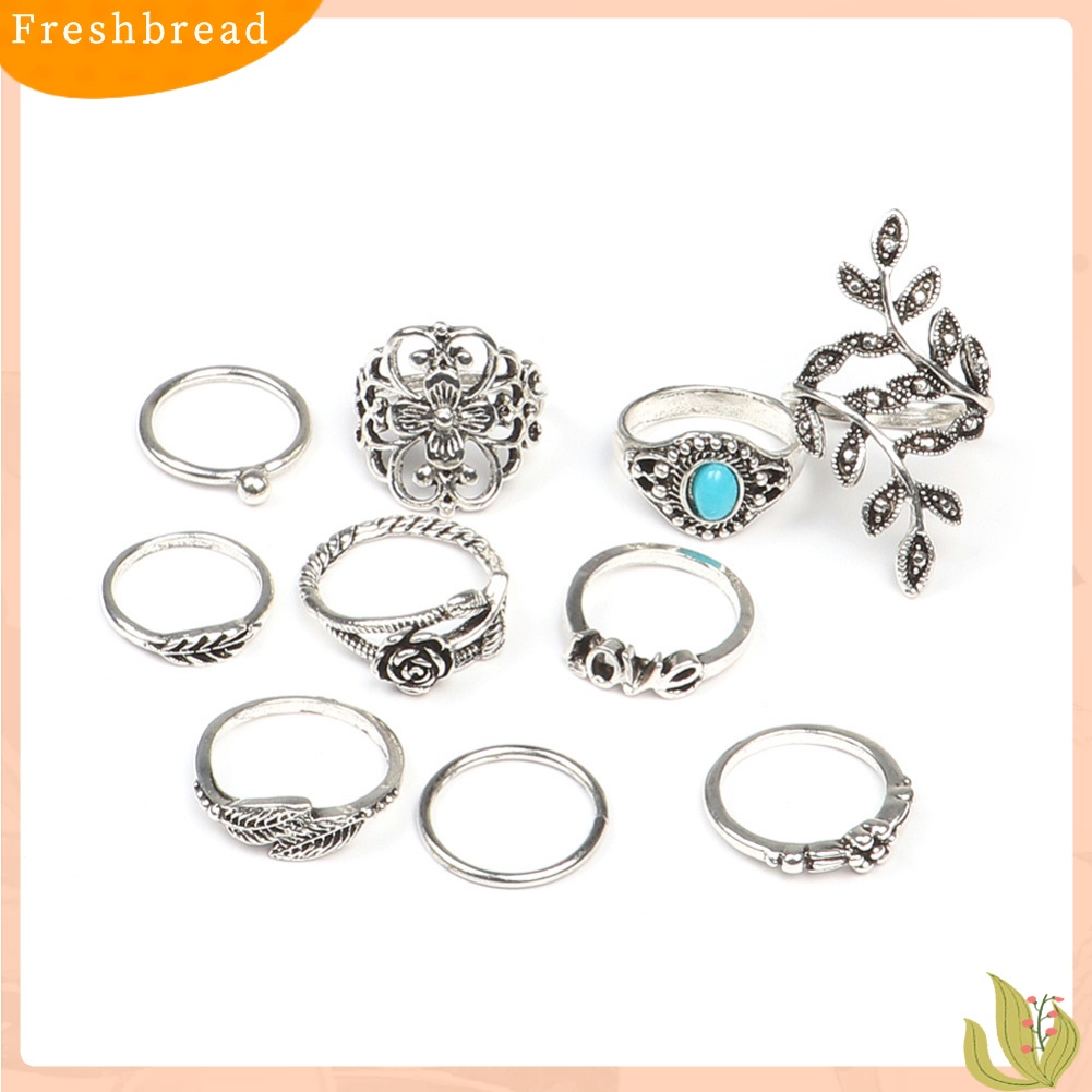 &lt; Freshbread &gt; 10 Pcs Wanita Retro Mawar Ukir Imitasi Pirus Susun Jari Cincin Perhiasan Hadiah