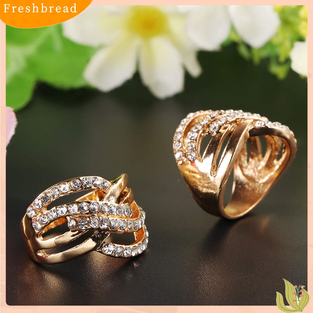 &lt; Freshbread &gt; Mewah Berlapis Emas 9K Paduan Jari Band Berlian Imitasi Bertatahkan Cincin Perhiasan Hadiah