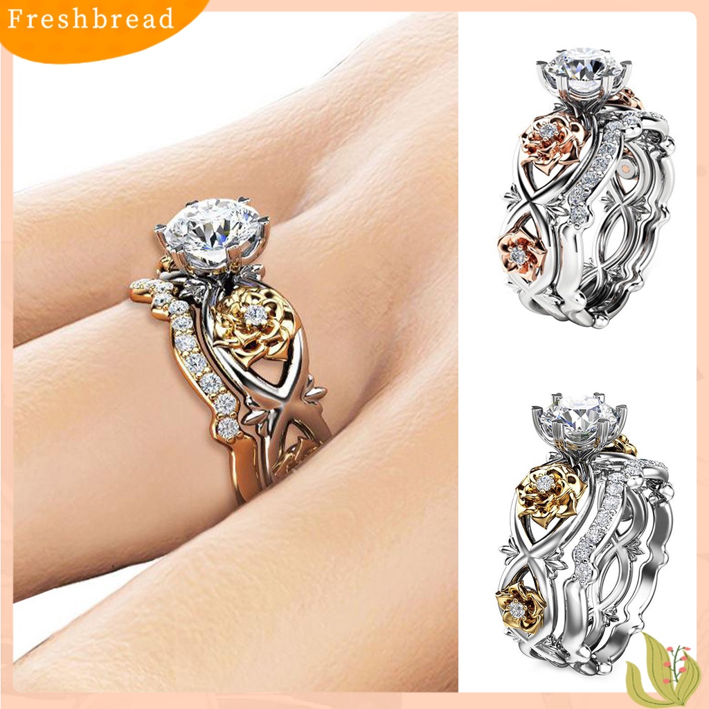 &lt; Freshbread &gt; 2Pcs Cincin Wanita Desain Bunga Dapat Disesuaikan Berlapis Emas Geometris Berkilau Dua Warna Cubic Zirconia Hias Pernikahan Pertunangan Rings Perhiasan Hadiah Untuk Pacar