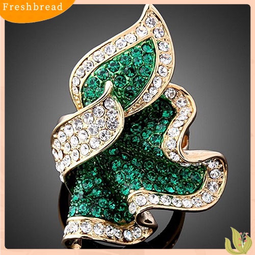 &lt; Freshbread &gt; Wanita Daun Berlapis Emas 9K Kristal Berlian Imitasi Hias Cocktail Cincin Hadiah Perhiasan