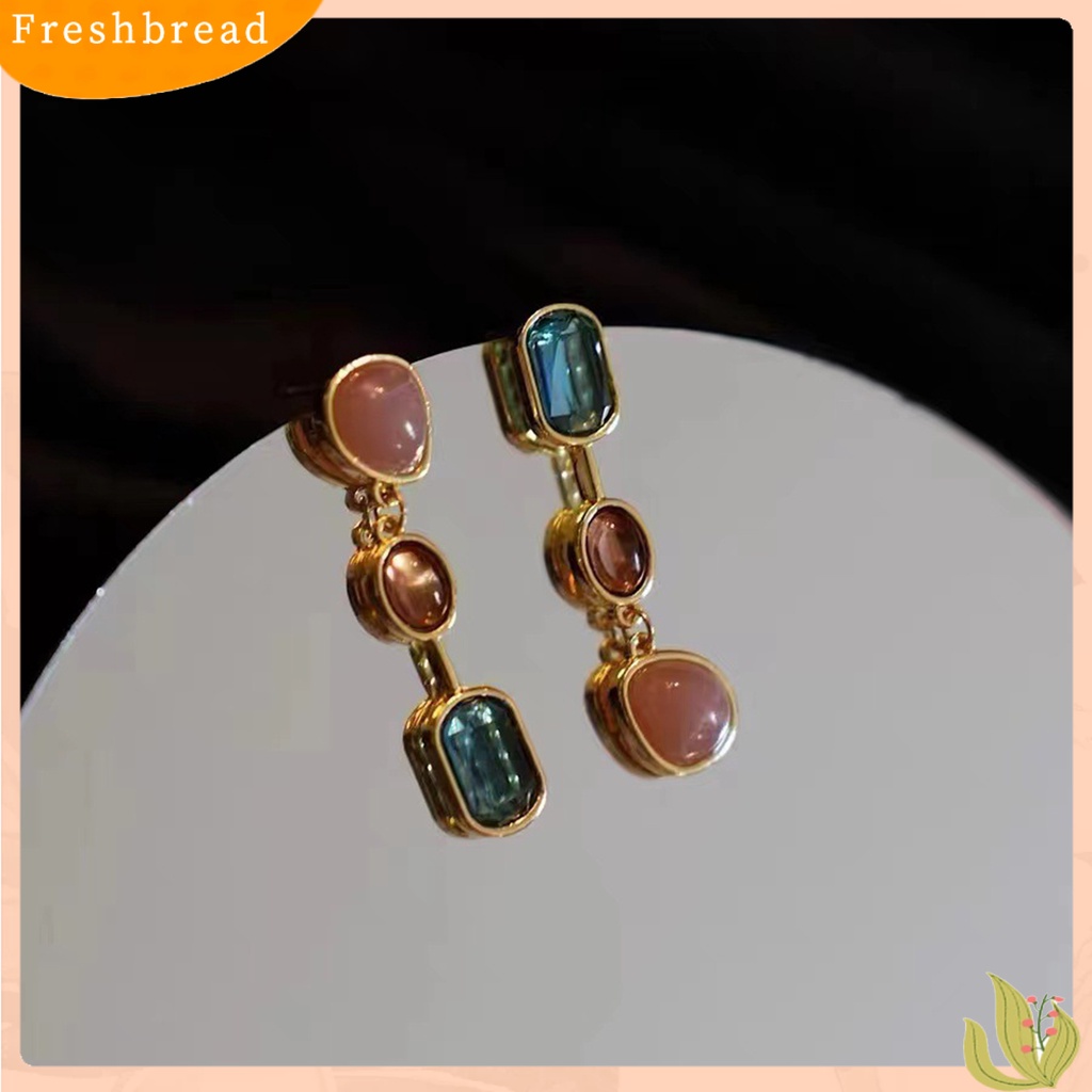 &lt; Freshbread &gt; 1pasang Anting Menjuntai Medieval Asimetris Elegan Warna Kontras Batu Alam Drop Earrings Aksesoris Perhiasan