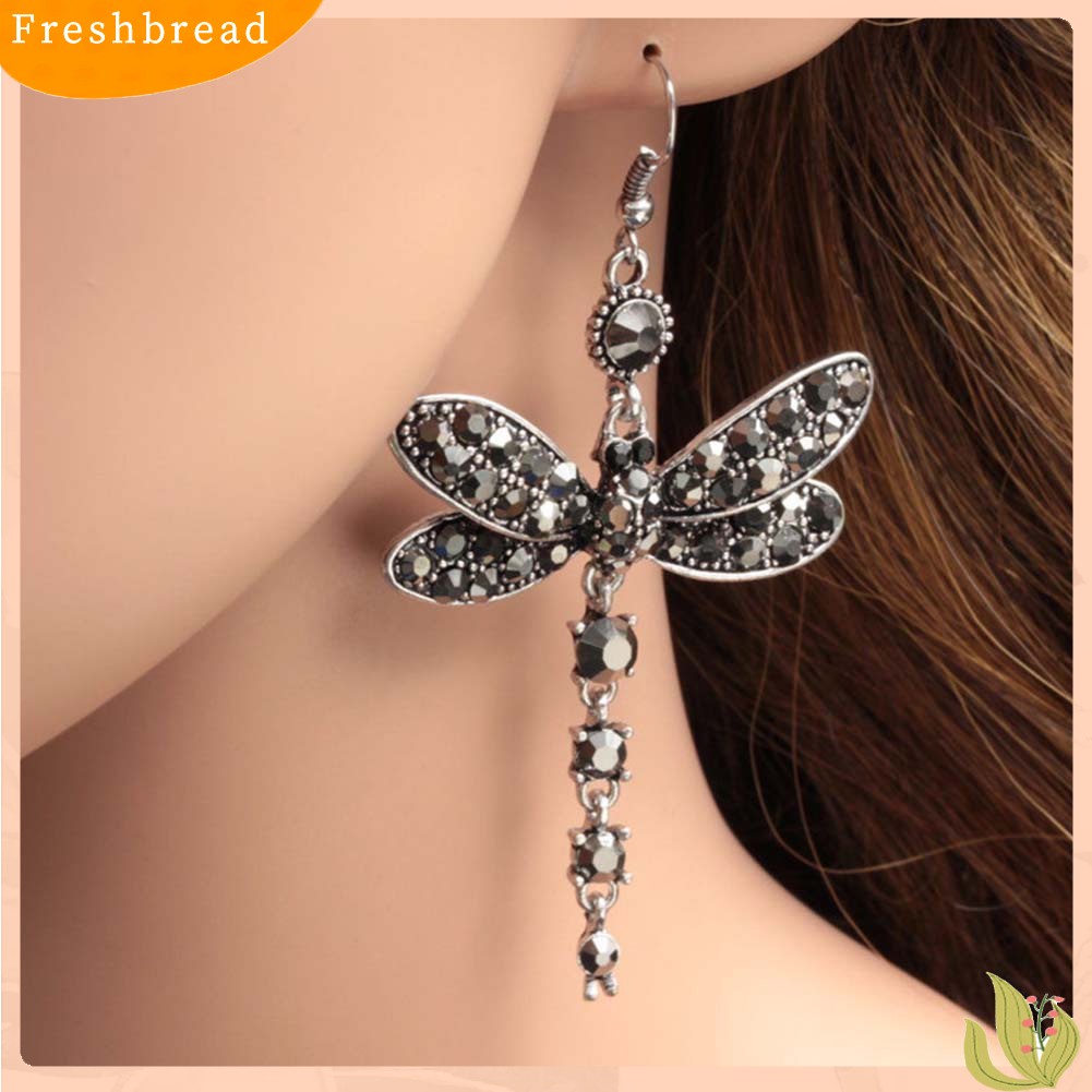 &lt; Freshbread &gt; Retro Wanita Berlian Imitasi Hias Capung Berbentuk Pesona Kait Anting Perhiasan Hadiah