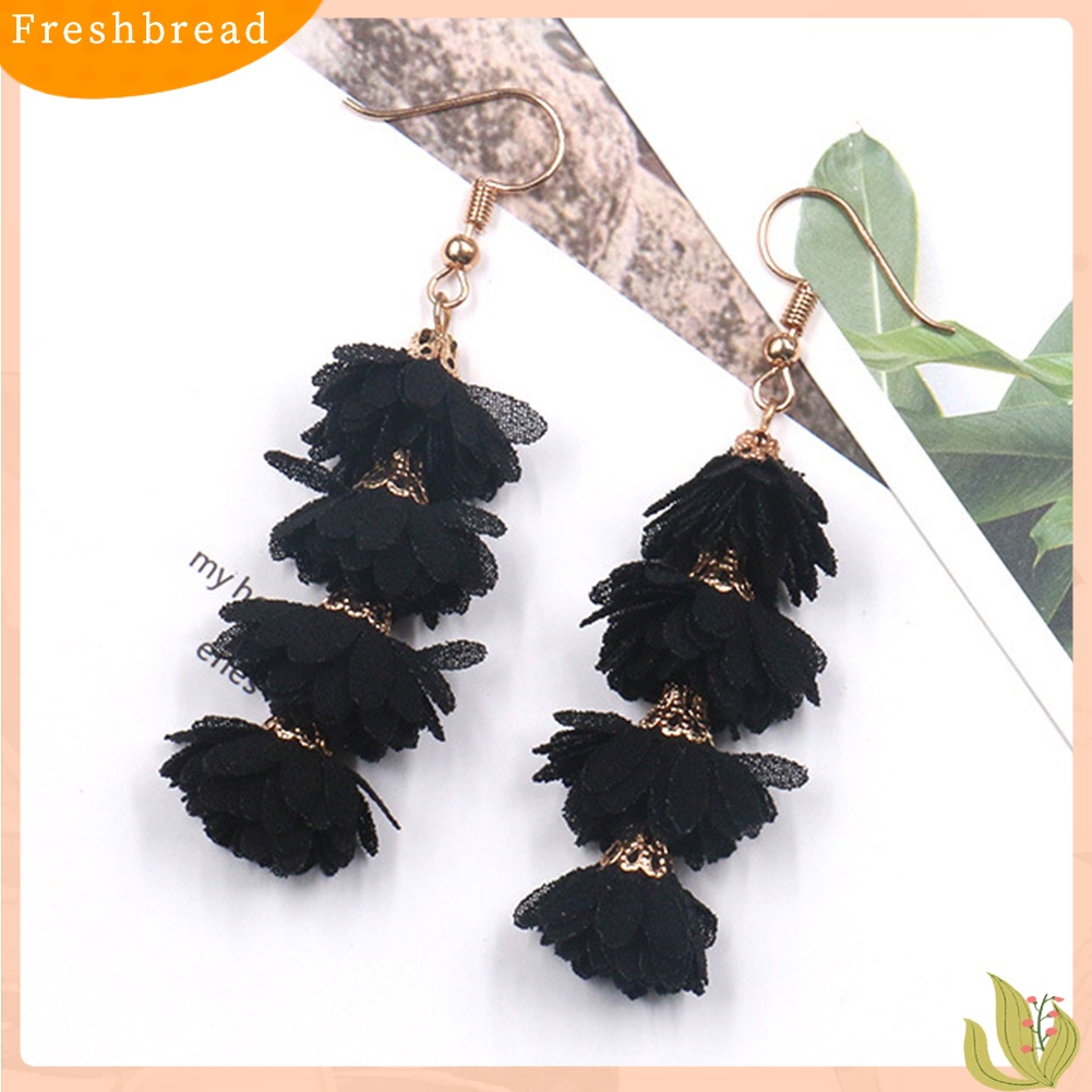 &lt; Freshbread &gt; Boho Pesta Wanita Kain Bunga Rumbai Panjang Menjuntai Drop Hook Anting Perhiasan