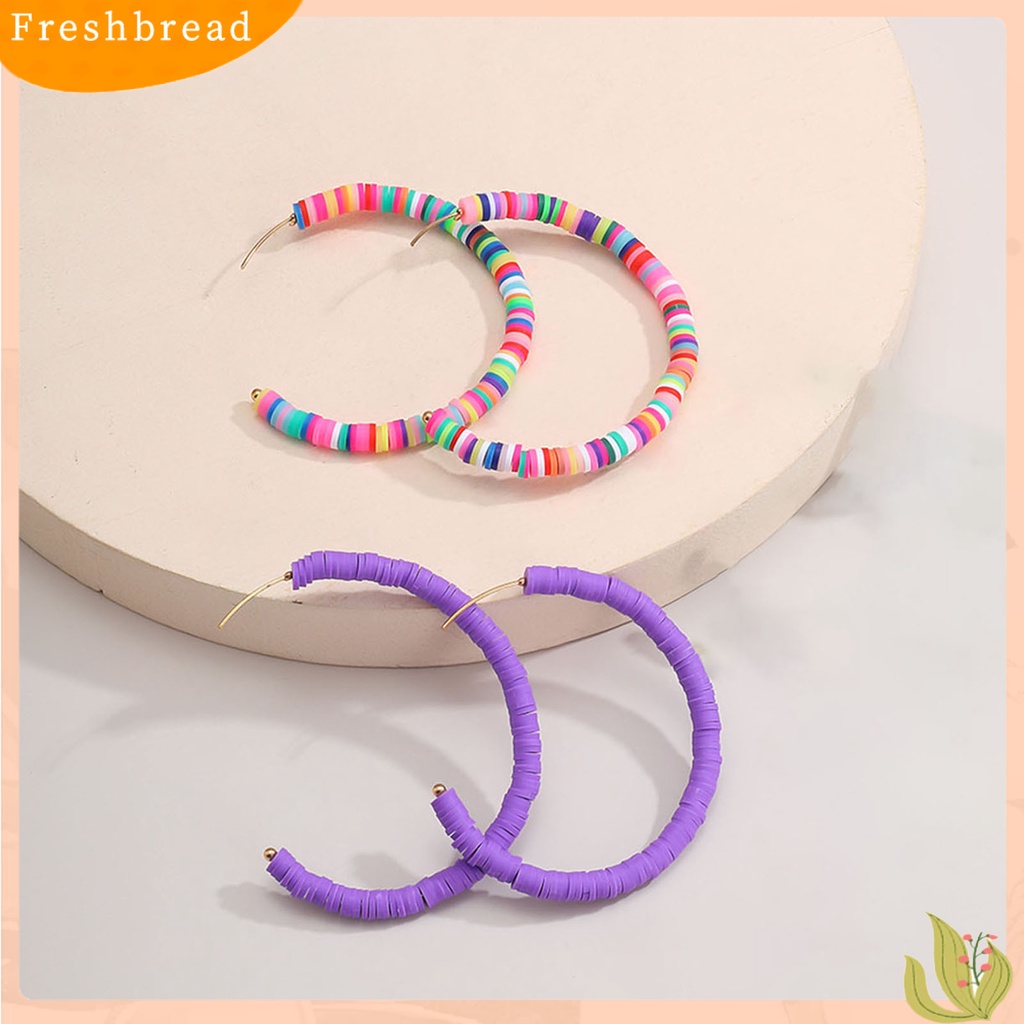 &lt; Freshbread &gt; 1pasang All-match Wanita Warna Pelangi Polymer Clay Bohemian Hoop Stud Earring Untuk Outdoor