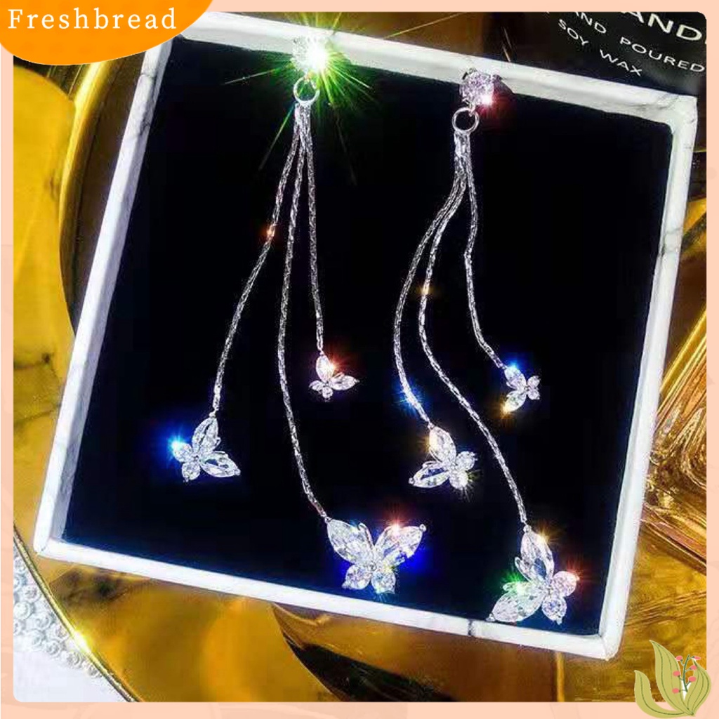 &lt; Freshbread &gt; 1pasang Wanita Linear Anting Gaya Bohemia Shiny Cubic Zirconia Rumbai Bentuk Kupu-Kupu Drop Earrings Perhiasan Pacaran