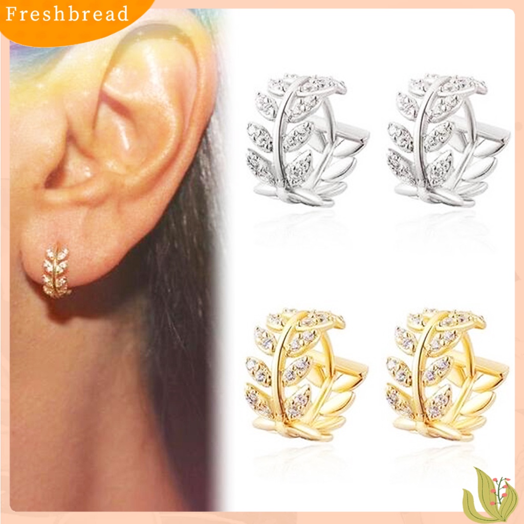 &lt; Freshbread &gt; Wanita Berlian Imitasi Willow Daun Temperamen Telinga Klip Tindik Anting Perhiasan