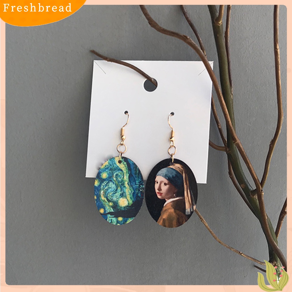 &lt; Freshbread &gt; Wanita Oval Enamel Niche Lukisan Minyak Asimetris Liontin Kayu Anting Kait