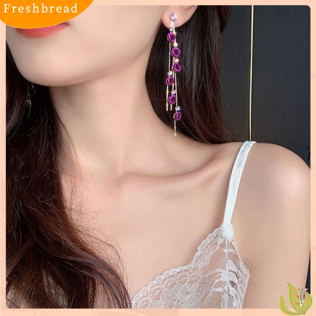 &lt; Freshbread &gt; 1pasang Berlian Imitasi Mengkilap Elegan Wanita Anting Bunga Mawar Panjang Rumbai Drop Earrings Perhiasan Pesta