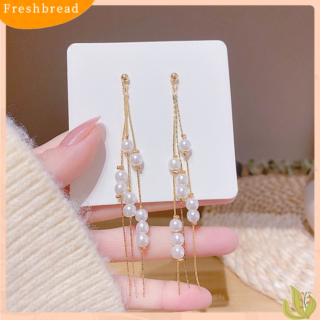 &lt; Freshbread &gt; 1pasang Anting Menjuntai Jumbai Panjang Elegan Alloy Berkilau Berlian Imitasi Anting Mutiara Imitasi Untuk Wanita