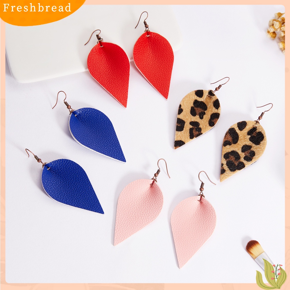 &lt; Freshbread &gt; Punk Wanita Leopard Kulit Imitasi Teardrop Daun Menjuntai Kait Anting Perhiasan Hadiah