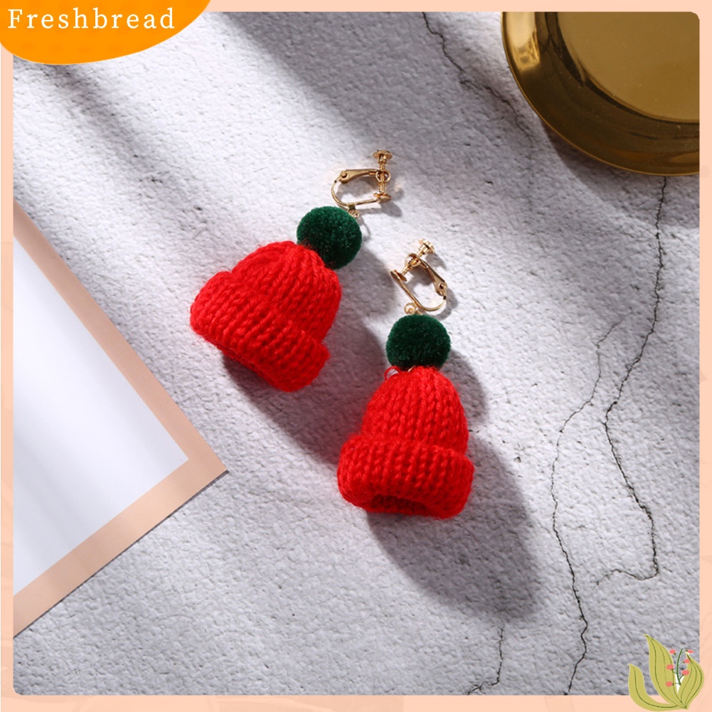 &lt; Freshbread &gt; Wanita Manis Pompom Topi Kupluk Menjuntai Klip Kait Anting Hadiah Perhiasan Natal