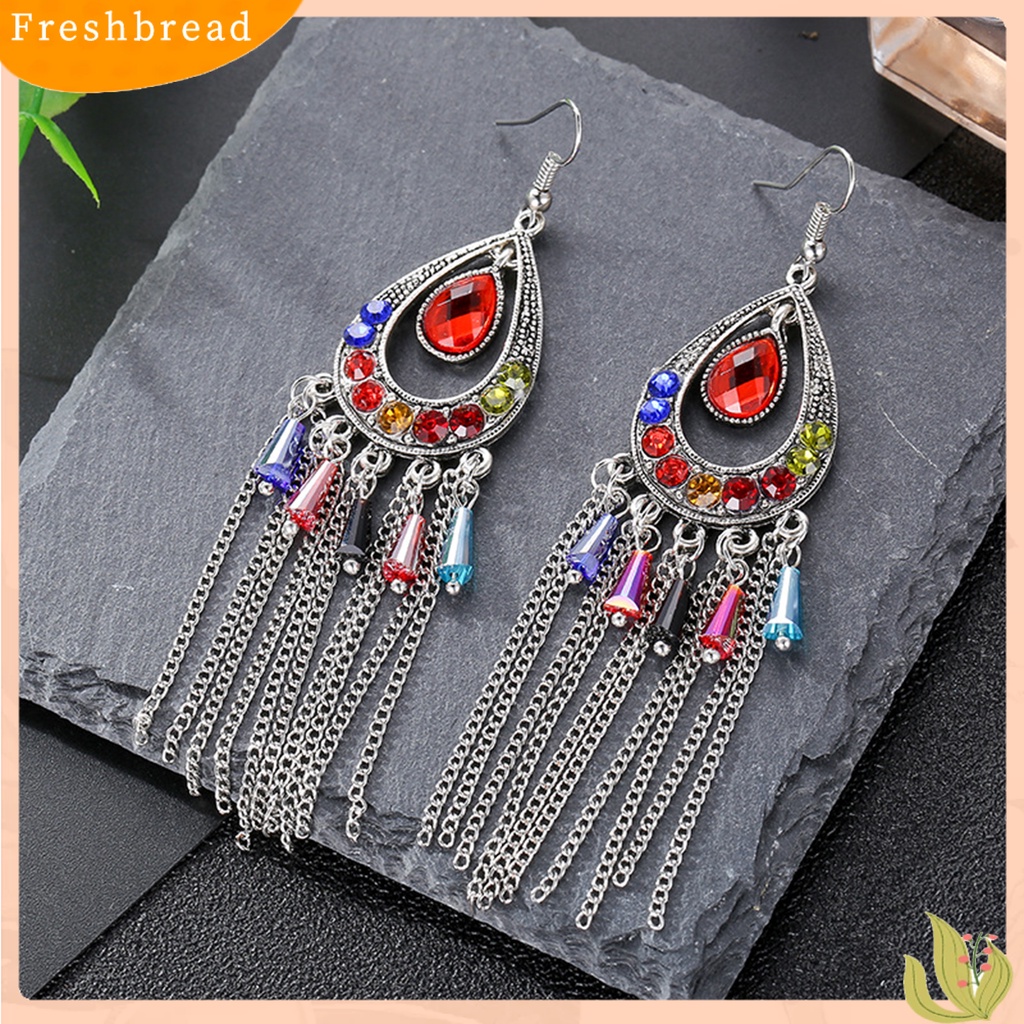 &lt; Freshbread &gt; 1pasang Anting Lady Bentuk Tetesan Air Rumbai Berlian Imitasi Vintage Drop Earrings Untuk Pakaian Sehari-Hari