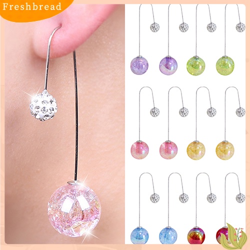 &lt; Freshbread &gt; Wanita 2ujung Bola Tembus Retak Mutiara Imitasi Menjuntai Panjang U Hook Earrings