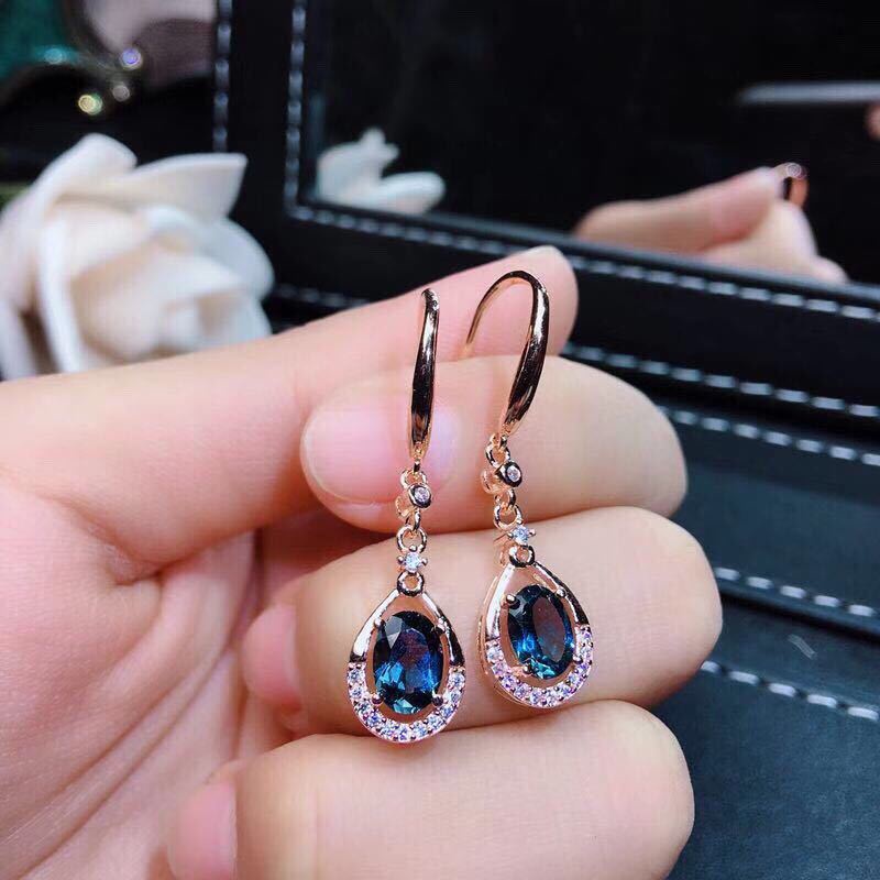 Goldkingdom Aksesoris Perhiasan Fashion Ready Stock Mewah Swiss Blue Topaz Batu Anting Giwang Earstuds Api Warna Meledak Kedip Perak Berlapis Emas Berlapis Presisi Bertatahkan