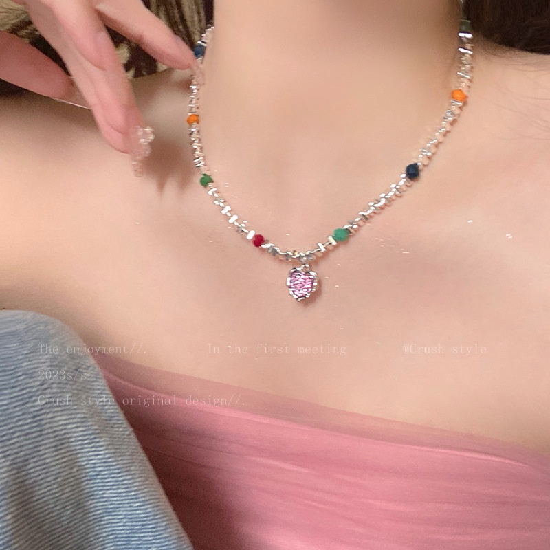 Set Kalung Geometris Hati Kristal Alloy Korea Untuk Wanita