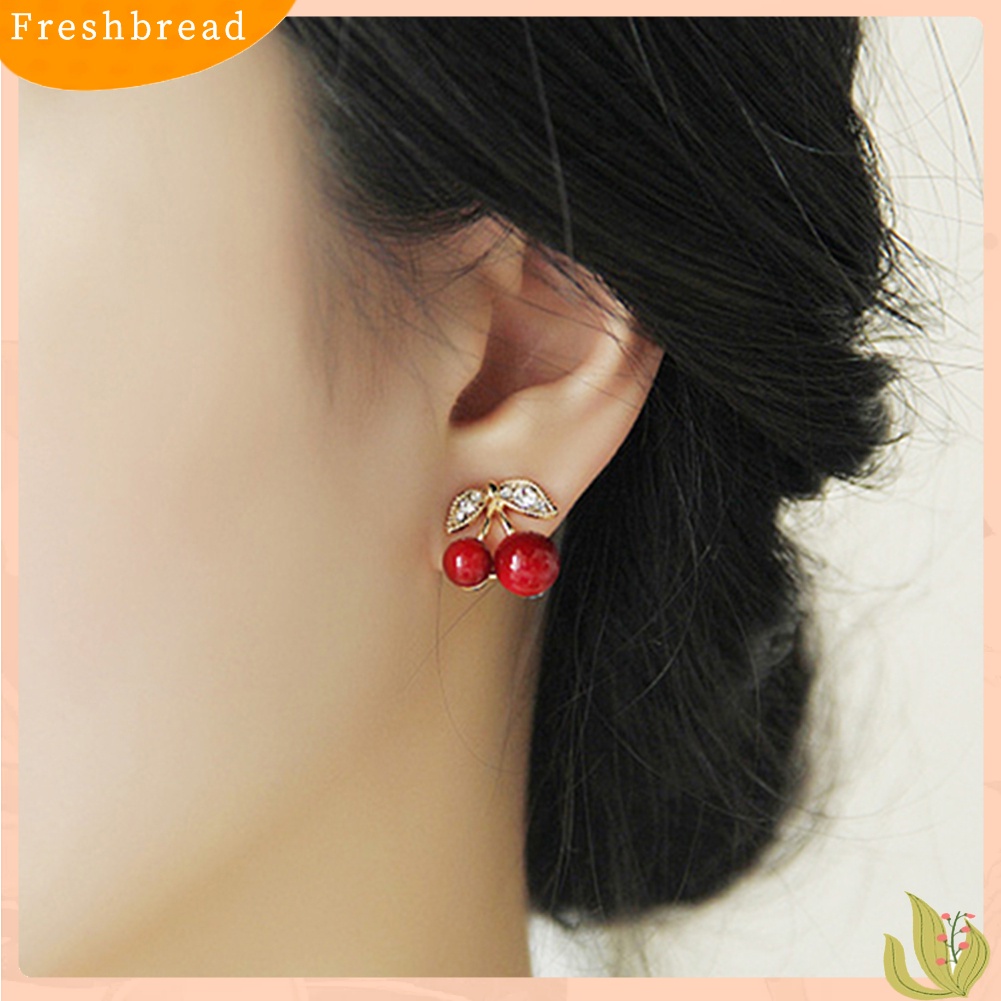 {In Stock} Wanita Merah Cherry Bening Berlian Imitasi Telinga Studs Beads Golden Alloy Leaves Earrings