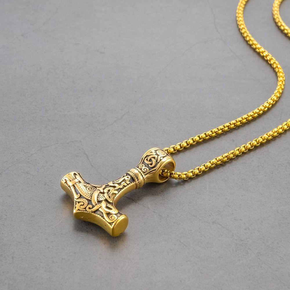 Needway Thor's Hammer Kalung Rantai Vintage Unik Anti Karat Norse Viking Sederhana Rantai Leher Pria